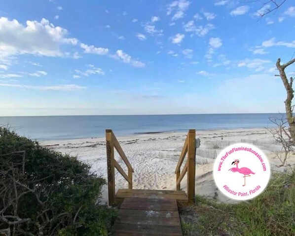 The Fun Flamingo Bungalow is literally just steps away from the beach.