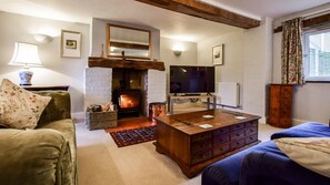 Living room with log burner, Granary at Hunt Court, Bolthole Retreats