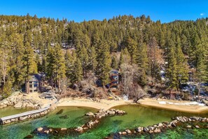 Lake Tahoe Lakefront with 25 feet of private beach  secluded Indoor large Hot tub and Game room with outdoor fireplace and sunset view decks.