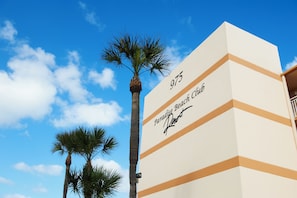 Towering palm trees sway against a vibrant blue sky, framing the sleek facade of Paradise Beach Club.