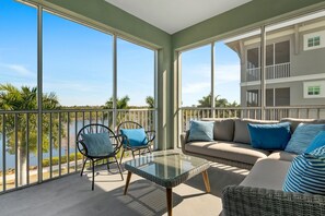 Outdoor seating area overlooking the lake