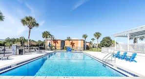 A gorgeous freshly remodeled pool right down the stairs from the front door!