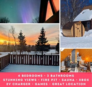 Our a-frame cabin has a large deck with plenty of seating, a comfortable living room, and a brand new sauna with a wood burning stove. 