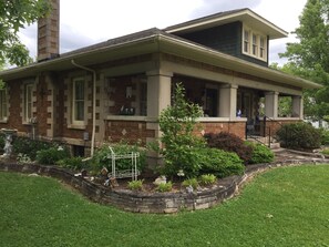 Vintage 20s arts craft stone bungalow on double lot, quiet tree-lined family