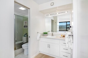 Full bathroom with walk-in shower.