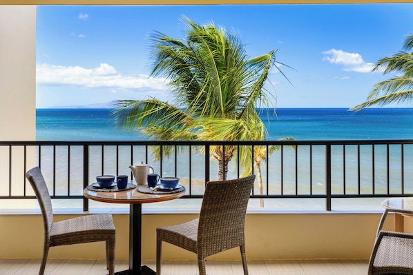 Enjoy your coffee on the top floor balcony while looking at whales and boats in the distance.