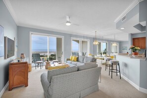 The living room with views to the dunes, beach and Atlantic Ocean.