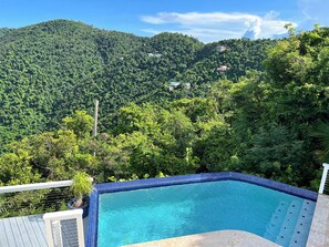 View from the upper level looking down at the lush tropics and pool patio