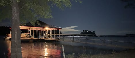  Dock lit up at night.