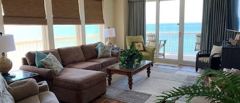 Living Room looking out to the Ocean and To the Each. Stunning Views