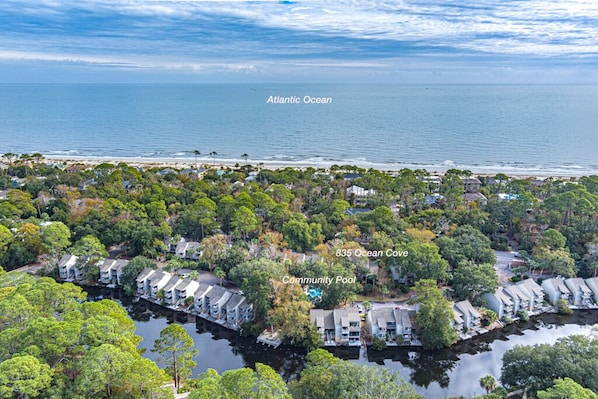 Aerial view showing Beach less than a three minute walk from Villa