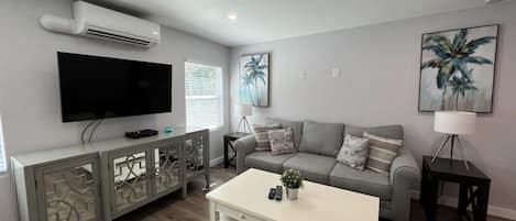 Cozy living room with Smart TV and split-type AC.
