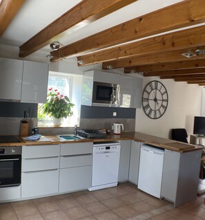 Well equipped kitchen with dishwasher, washing machine fridge and freezer