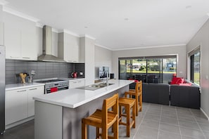 Open plan kitchen, living and dining area
