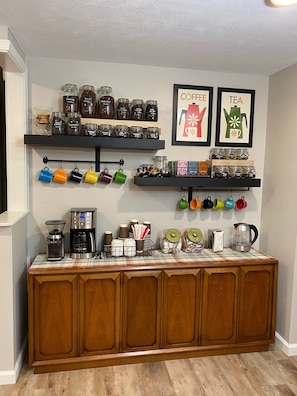 Coffee and tea bar, fully stocked from local coffee shop.