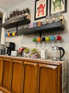 Fully stocked coffee and tea bar. Loads of selections from local coffee house.