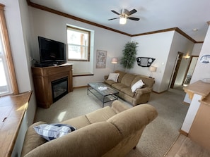 Comfy living room with amazing mountain views. The couch is also a hideabed. 