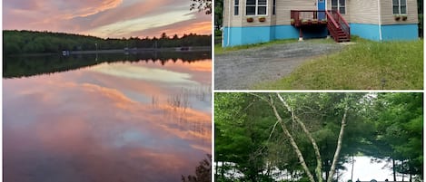 View of the house, view of the lake from the shore, and the fire pit