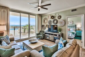 Family room with books, dvds, and a lot of games