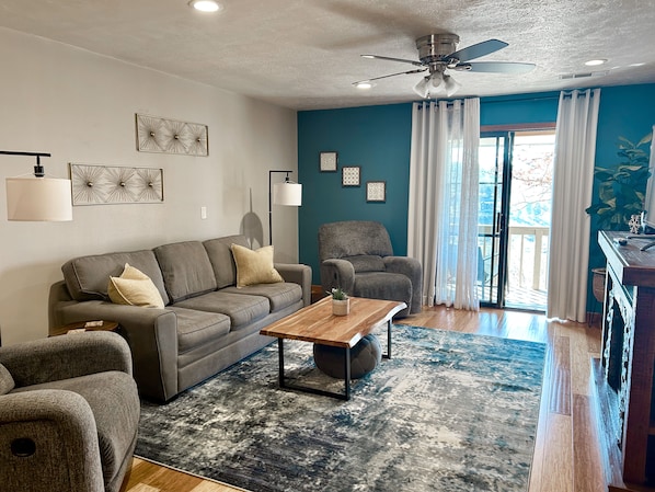 Living room with sofa bed and back porch access 