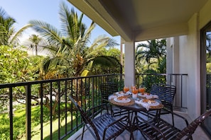 Surrounded by lush greenery the Lanai is a relaxed space for enjoying meals, refreshments & the nice ocean breeze.