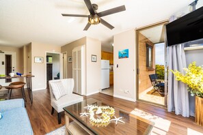 living room and patio space