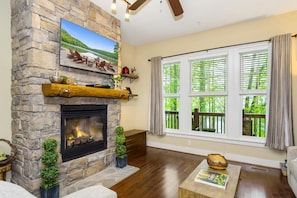 With the gas fireplace and ceiling fan, our family room is ideal for all seasons