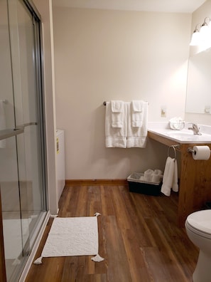 Master bath with large walk-in shower and washer/dryer combo