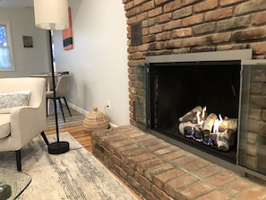 New gas fireplace gives that cozy vibe in the spring and autumn months.