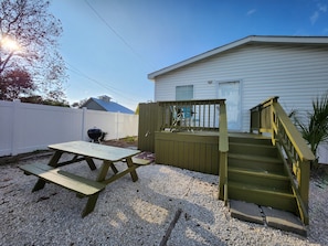 Outside Picnic Table - Shower - Charcoal Grill - Wooden deck w/chairs