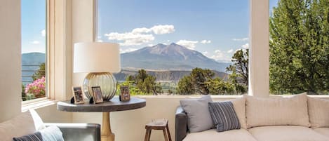 Main house ~ living room with views of Mount Sopris