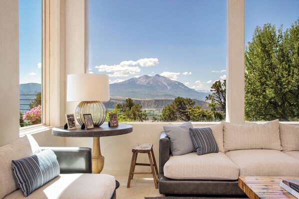 Main house ~ living room with views of Mount Sopris