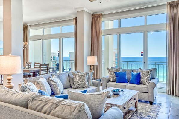 Vaulted High Ceilings Make The Views In This Living Room Amazing Penthouse Views!!