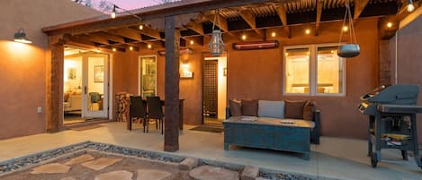 Private outdoor space with ambient lighting and heat lamps