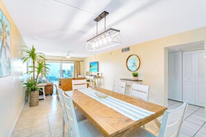 A bright dining space with a modern touch and natural light