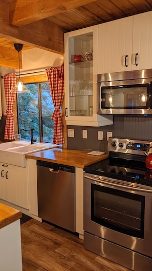 The kitchen has a fridge/freezer, dishwasher, oven, stovetop, and microwave.