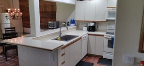 Kitchen with new stainless steel sink.