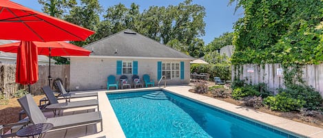 Sunny backyard at Sandy Seaclusion with a private pool!