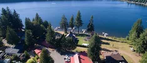 Red roofs on the left are cabins, large red roof is the Restaurant