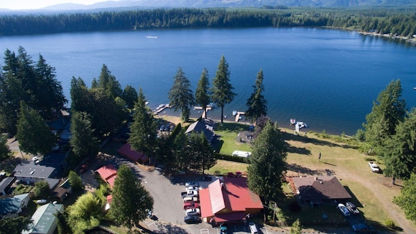 Red roofs on the left are cabins, large red roof is the Restaurant
