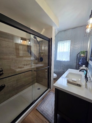 Newly updated Bathroom 1 on the main level features a step in shower