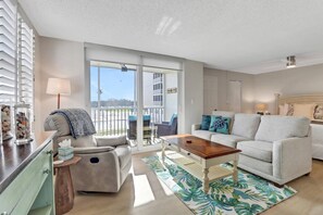 The comfortably appointed studio is flooded with Florida sun streaming through the abundant windows.