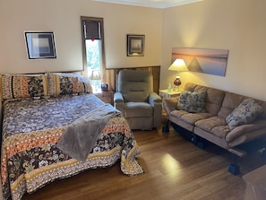 Living/bedroom with recliner and futon (twin bed, memory foam topper avail.)