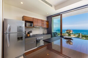 Open plan kitchen with ocean view