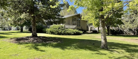 The home has a large grass yard on 3 sides.