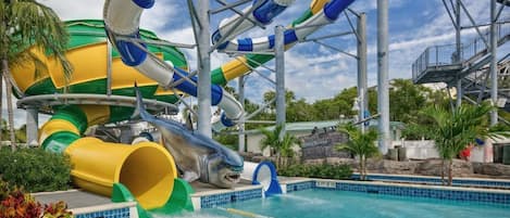 Water slides - 4 FREE DAILY passes  come with every reservation and up to 6 additional passes can be purchased at a 50% discount.Pool is part of the water park.  No passes are needed to swim from 6 pm to dusk