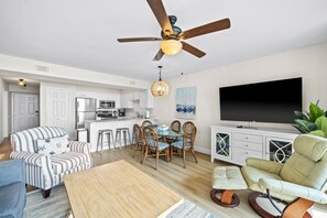 Dining area and kitchen from living room. 