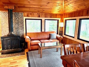 Wood stove, cozy living space.