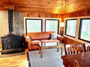 Wood stove, cozy living space.