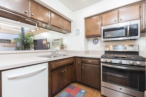 The kitchen comes stocked with dishes, utensils, glassware, bakeware, cookware, and large and small appliances.
                